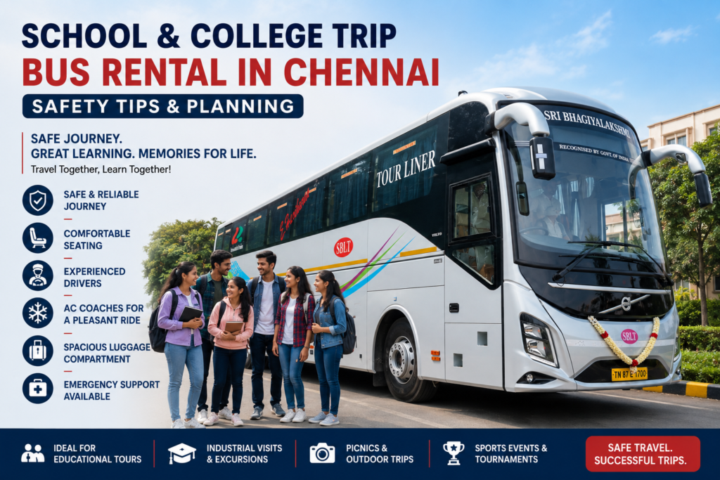 SBLT school and college trip luxury bus in Chennai with comfortable seating and safe travel facilities for educational tours and student outings