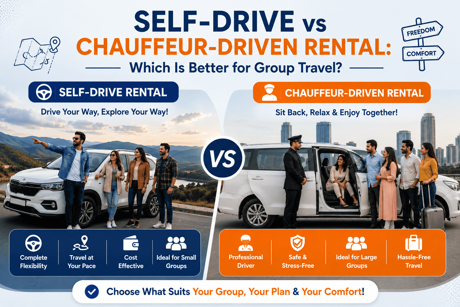 Self-drive vs chauffeur-driven rental comparison for group travel.