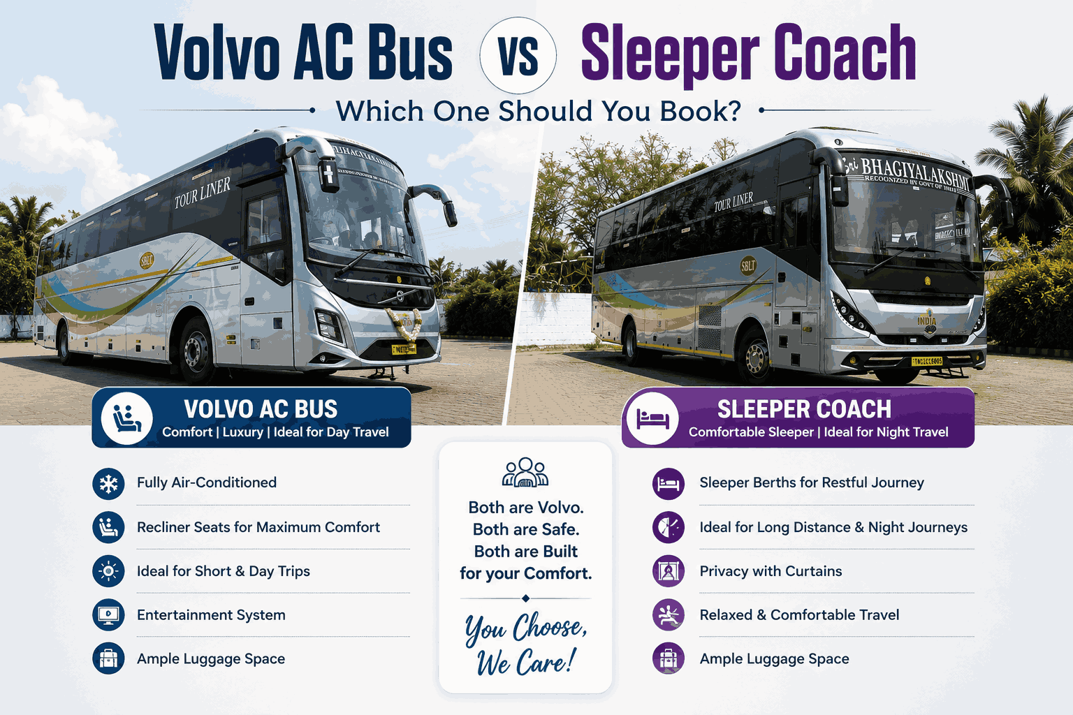 Comparison of SBLT Volvo AC Bus and Sleeper Coach, highlighting the features, comfort, and suitability of each coach for day trips, overnight journeys, corporate travel, pilgrimage tours, and group transportation.